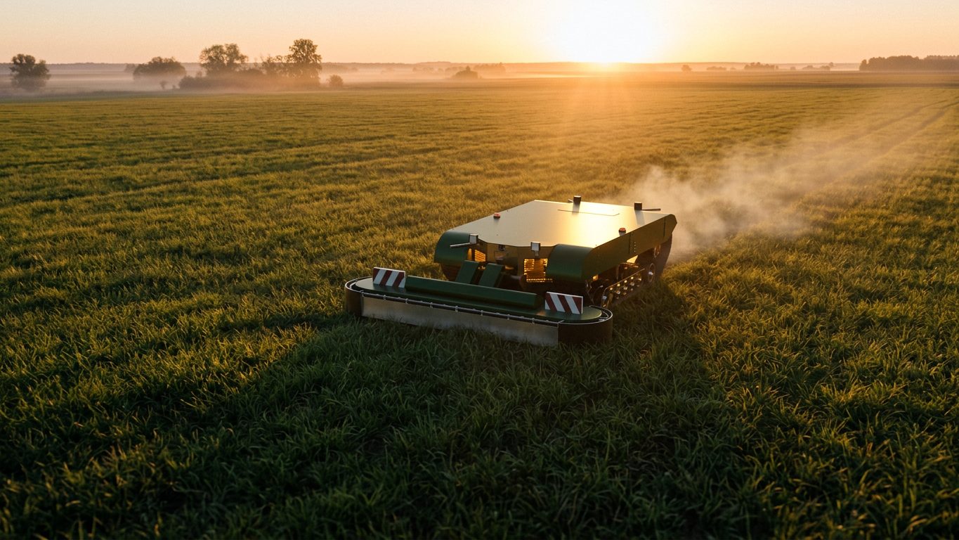 AgiOne mäht bei Sonnenaufgang autonom eine Wiese