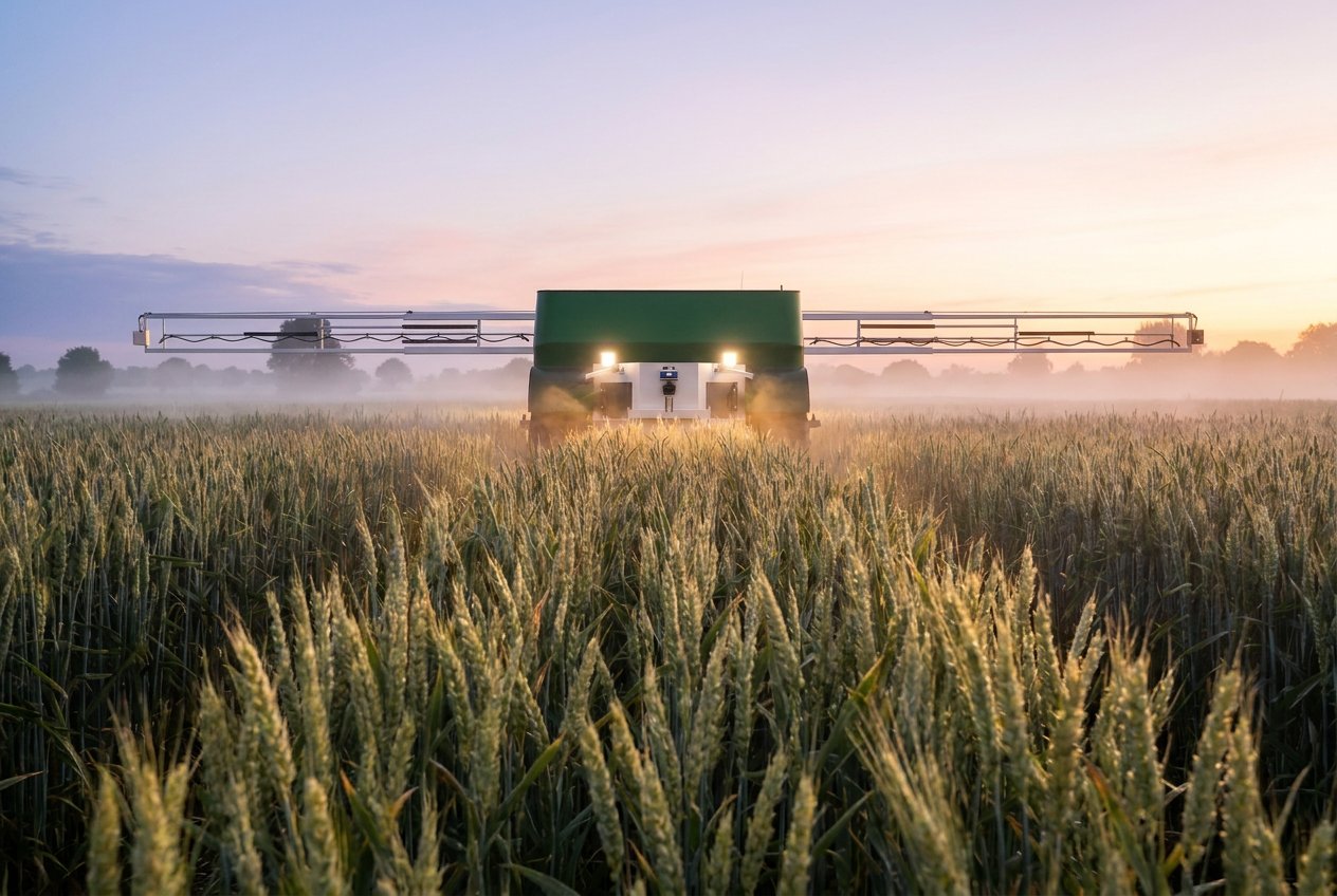 AgiOne mit Spritzgestänge im Morgengrauen in einem Weizenfeld