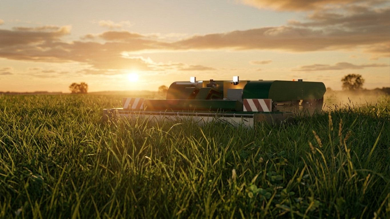 AgiOne mäht bei Sonnenaufgang autonom eine Wiese